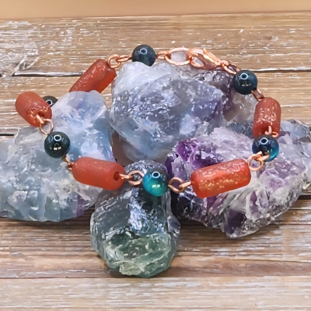 Blue-Green Tigers Eye, Frosted Red-Orange Glass and Copper Linked Bracelet